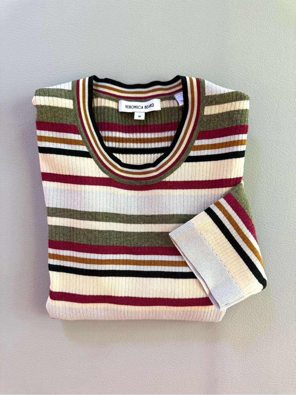 Veronica Beard Kavya Striped Elbow Short Sleeve Ribbed Knit Sweater Multi Medium